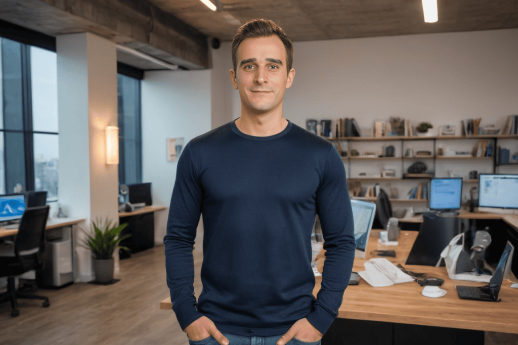 Hombre profesional en una oficina moderna, representando cercanía, experiencia y asesoría estratégica en automatización, IA y soluciones digitales.